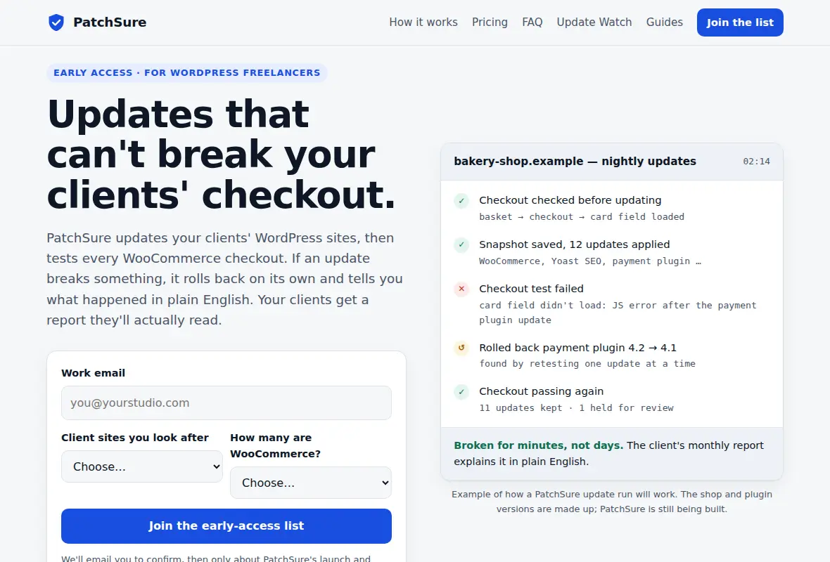 PatchSure — early-access waitlist page: updates that can't break your clients' checkout