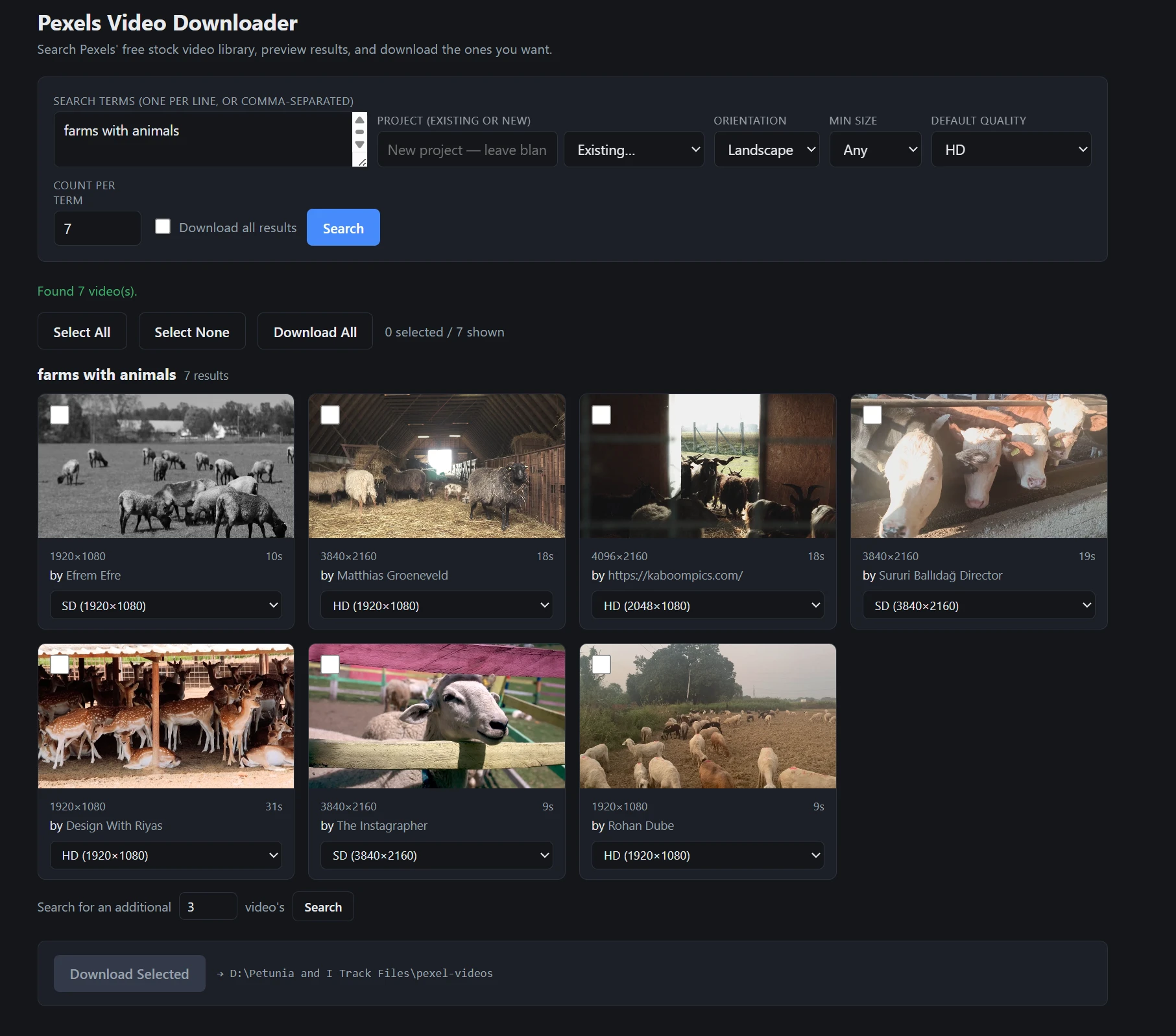 Pexels Video Downloader search results grid